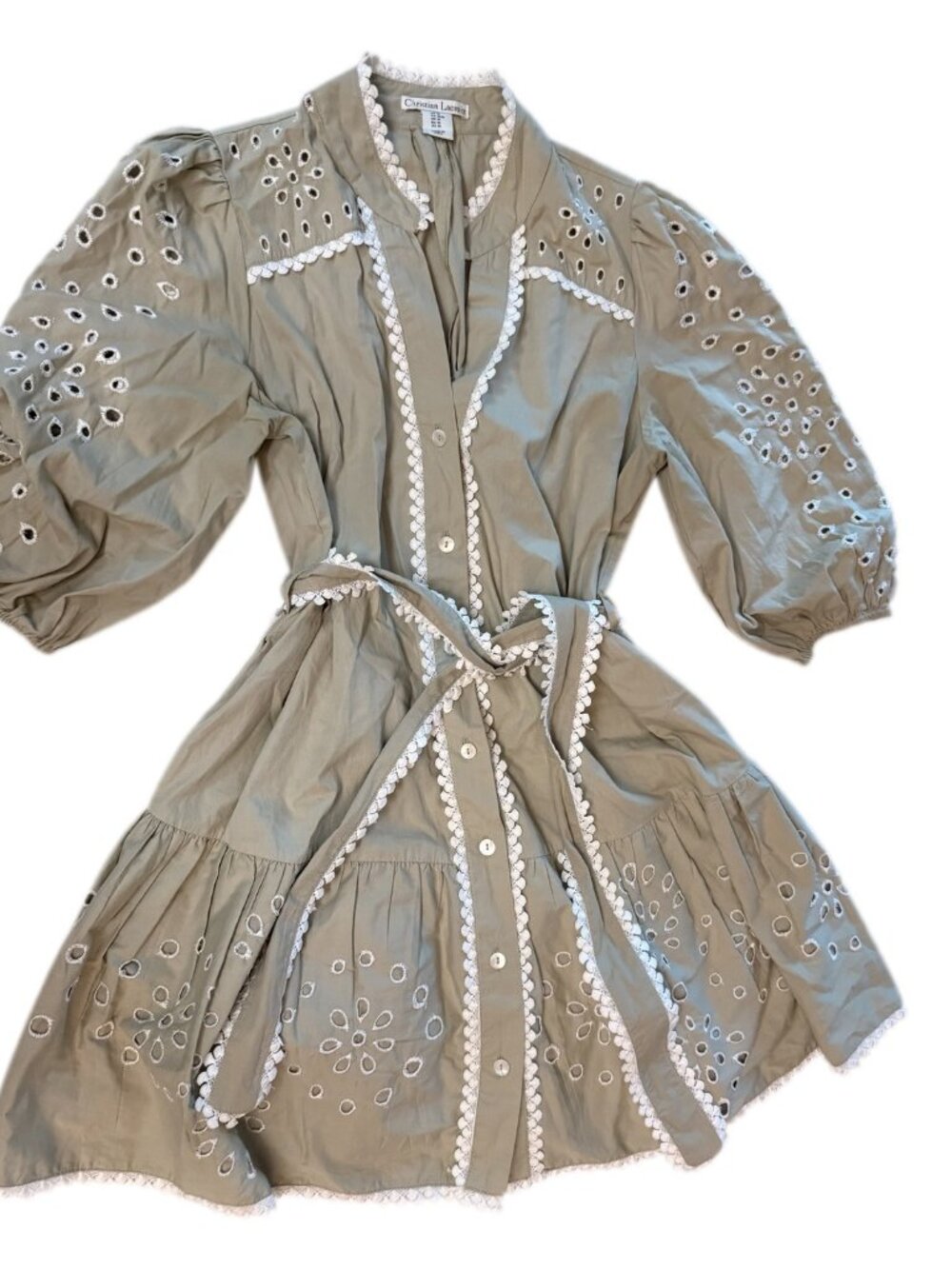 Christian Lacroix Tan Eyelet Tiered Shirt Dress Tie Belt Lace Trim Puff Sleeve M